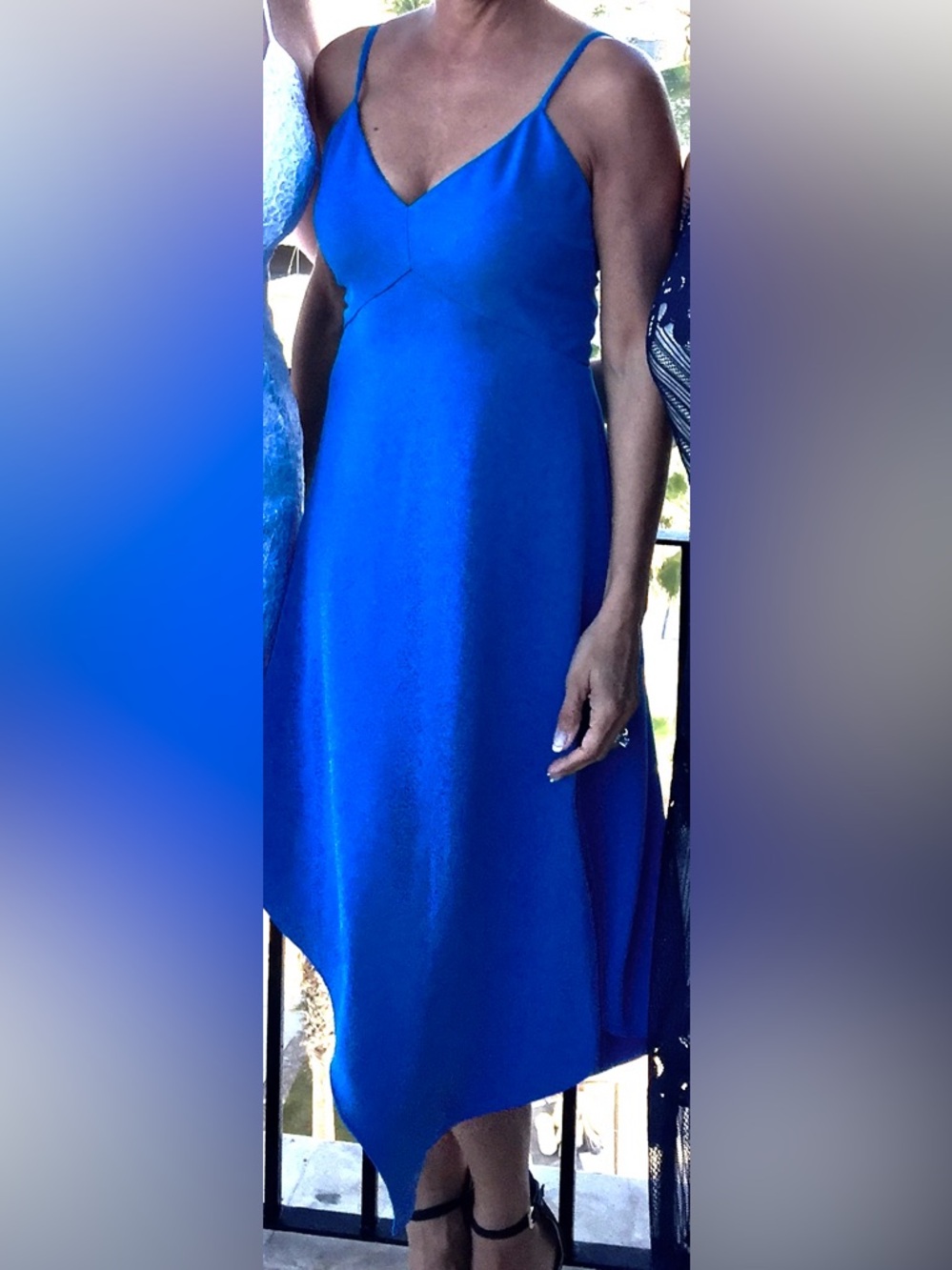 Blue Spaghetti Strap Asymmetrical V-Neck Dress